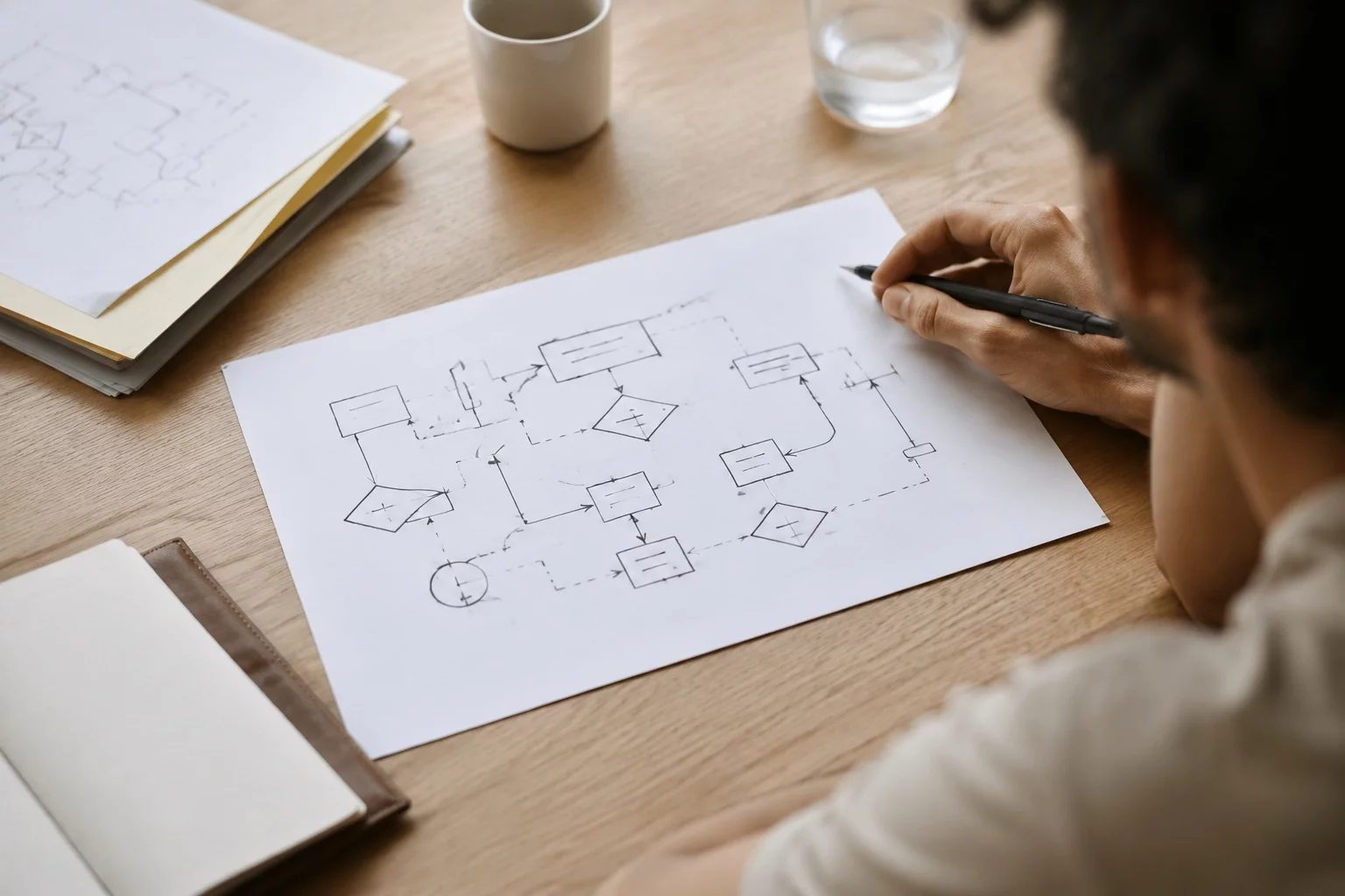Vista de cima de uma mesa com um diagrama de lógica desenhado à mão