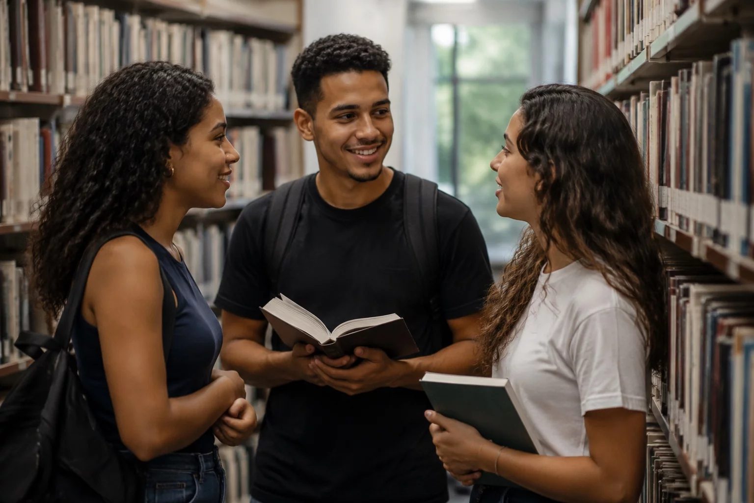 Estudantes conversando em pé entre as estantes de uma biblioteca