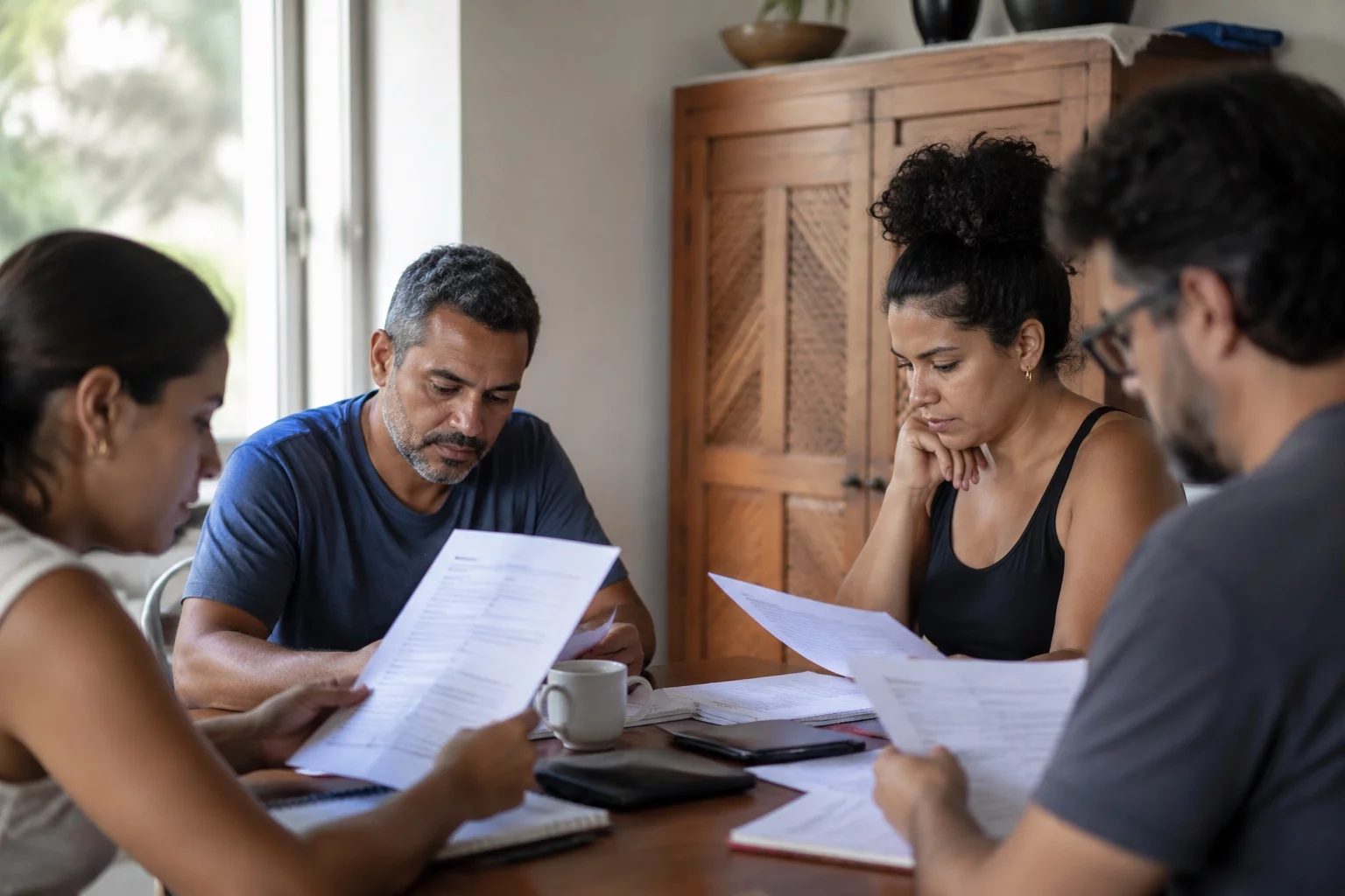 Grupo pequeno lendo páginas impressas de argumentos ao redor de uma mesa