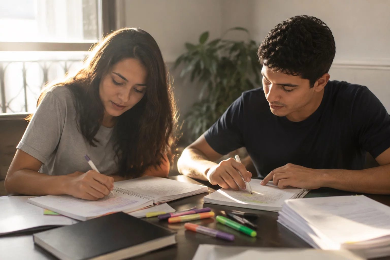 Dois estudantes preparando um debate com cadernos e marcadores