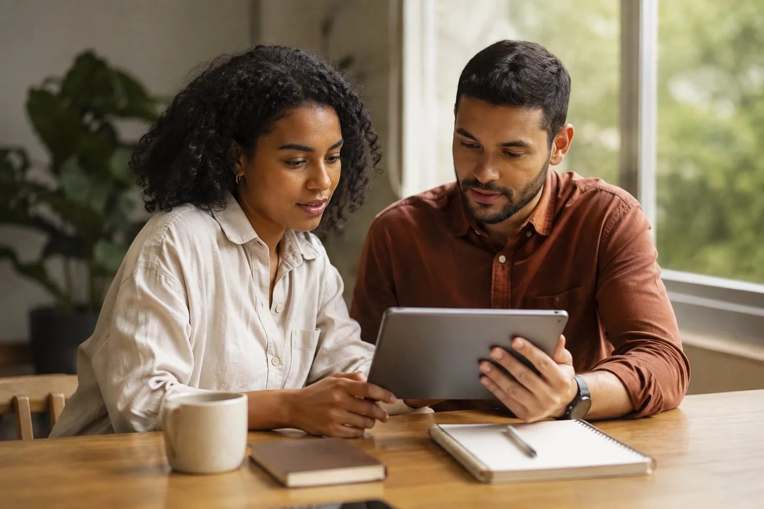 Duas pessoas revisando anotações em um tablet sobre uma mesa de madeira