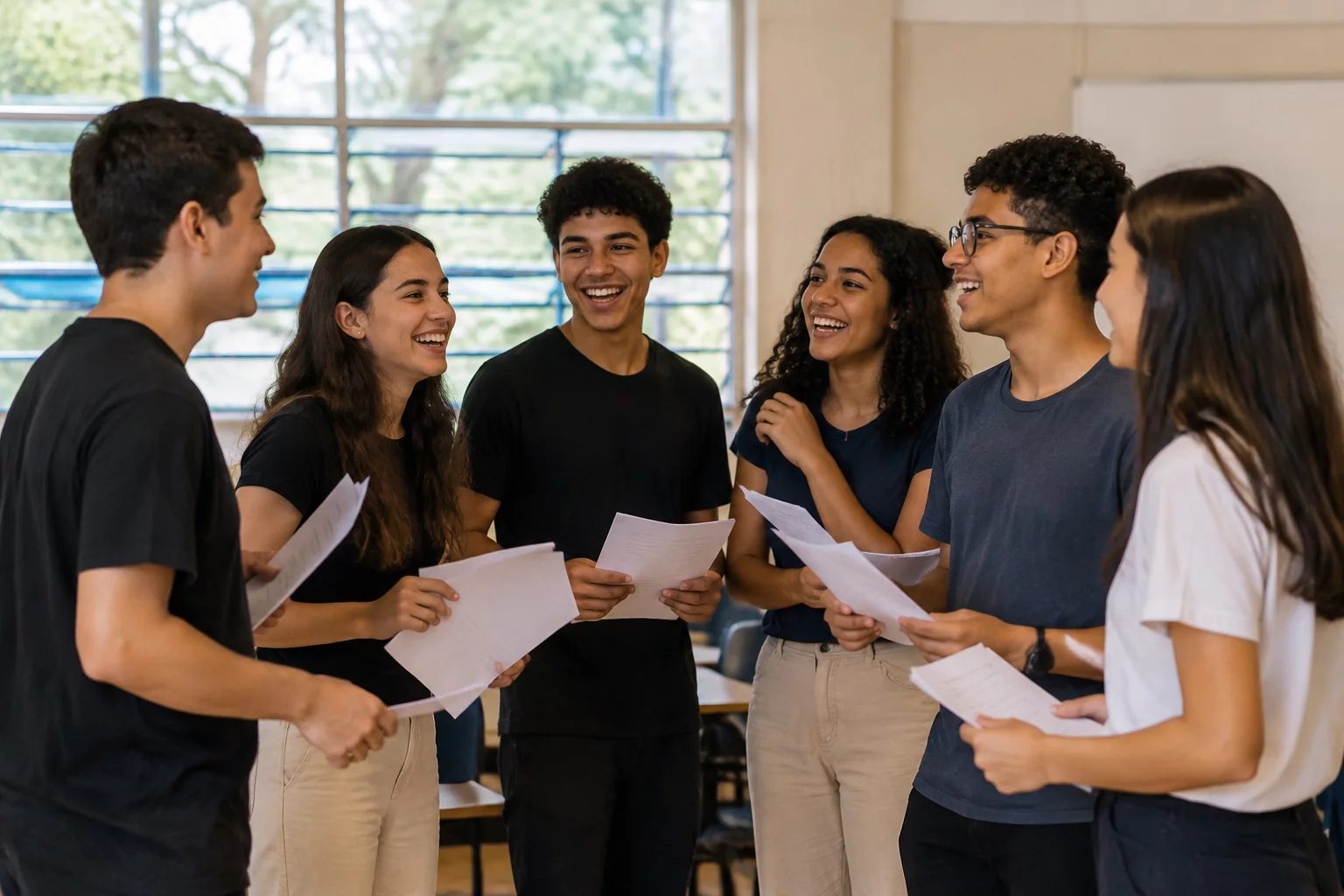 Grupo sorrindo após uma rodada de debate, com papéis nas mãos